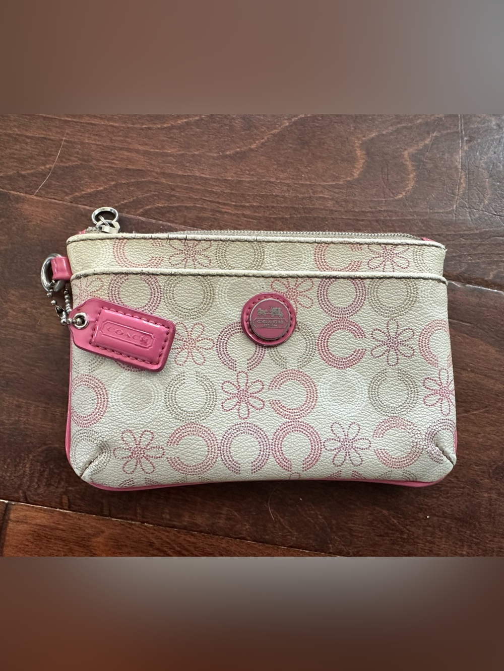 Girly Pink Poppy Floral Coach Beige and Pink Signature Pattern Wristlet